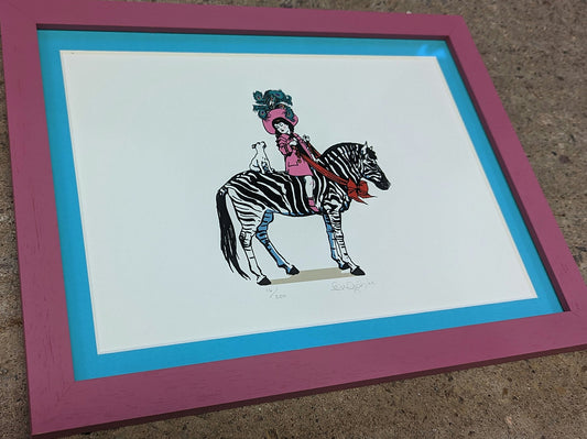 a girl and small white dog riding a zebra, girl is wearing pink clothes and has a feather hat, fun drawing in older cartoon style, artwork is in a pink wood grain frame and has a light blue mount.