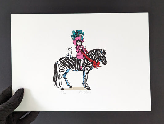 a girl riding a zebra with pink clothes and hat with big feathers, she is looking at her little white dog who is also sat on the zebra all done in a older cartoon style drawing.