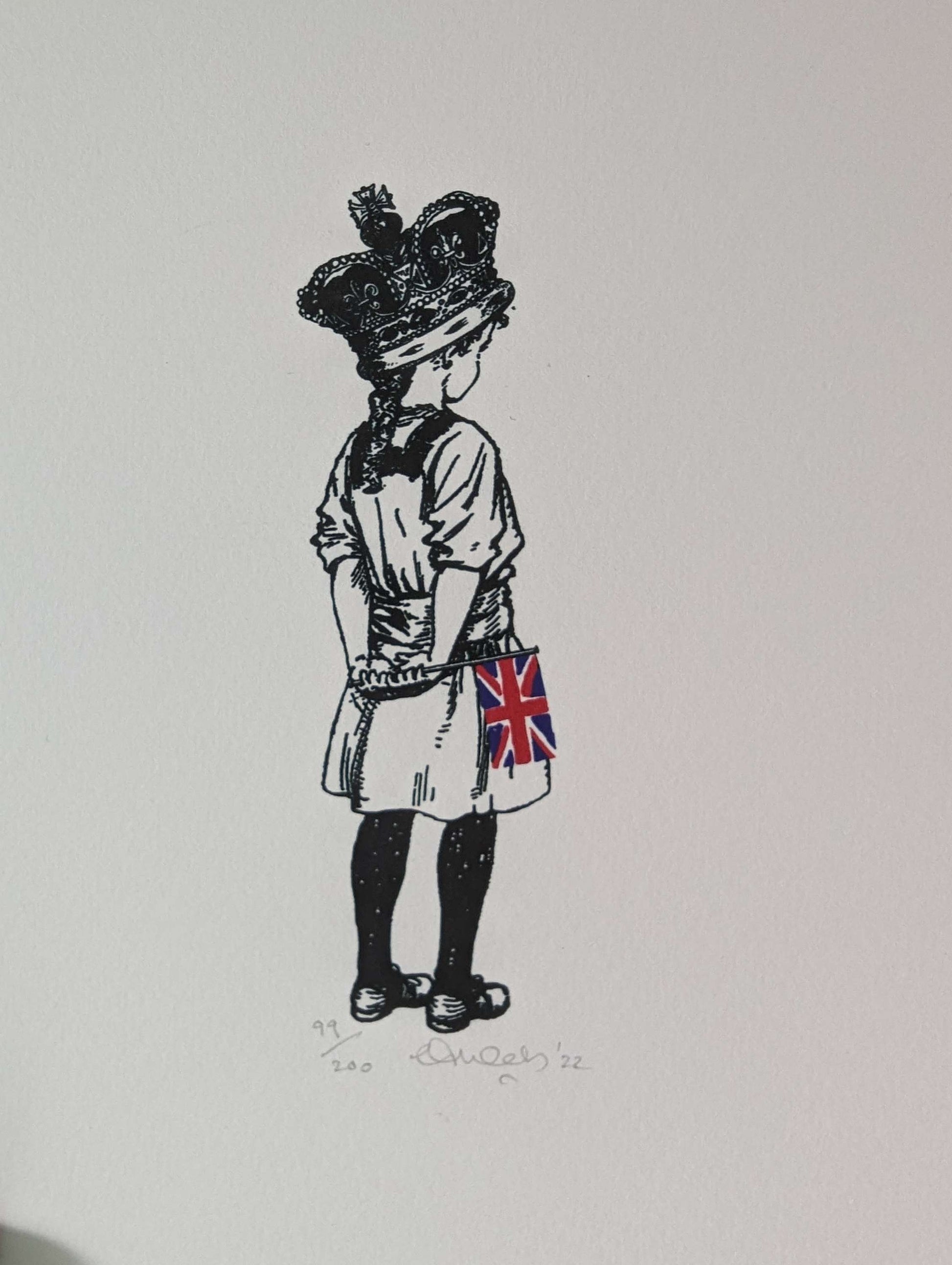 a little girl wearing the royal crown holding a small union jack flag, her back is to us as she look ahead, drawn in the style of a older book cartoon style