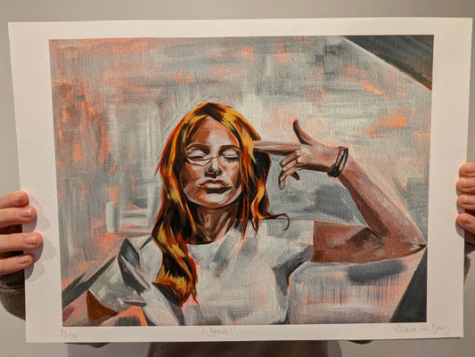 Artistic depiction of a woman with gun hand held to her head, white boarder. artwork being held by person against white wall