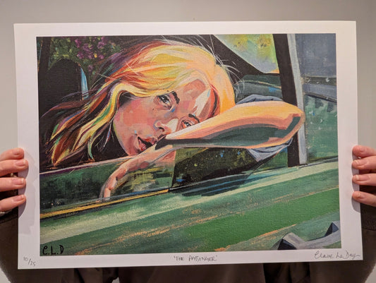 Artistic depiction of a person with long hair head resting on card window, framed by hands holding it against a neutral background.