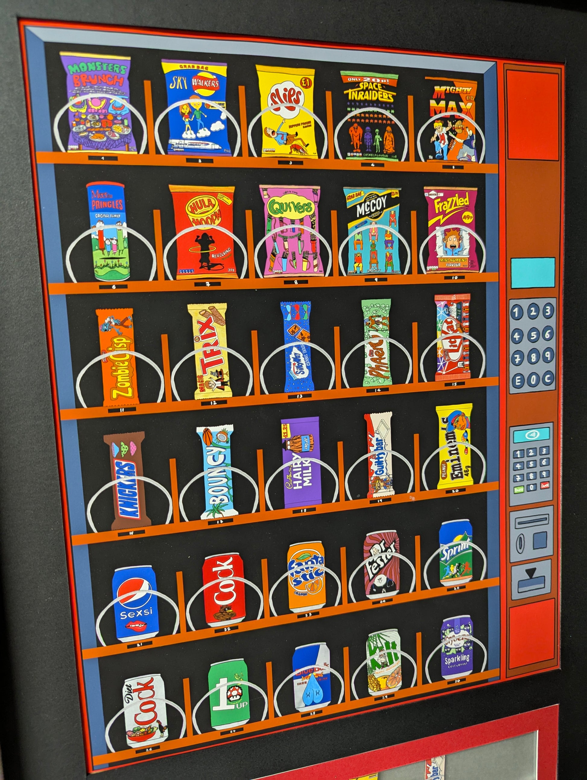 cartoon Vending machine with various playful snacks and drinks packages on a black background