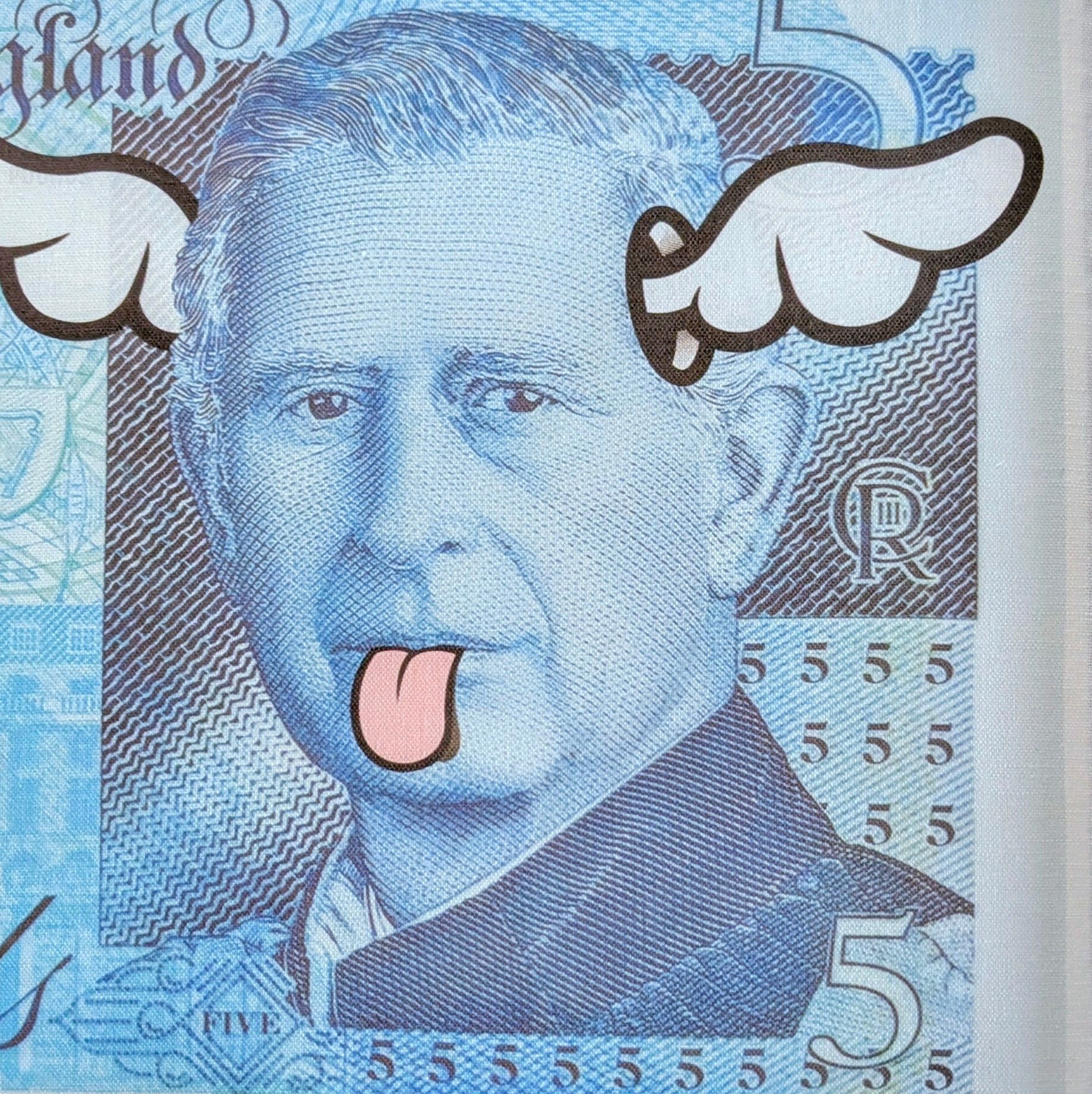 Five-pound note with a humorous dface elements to the king