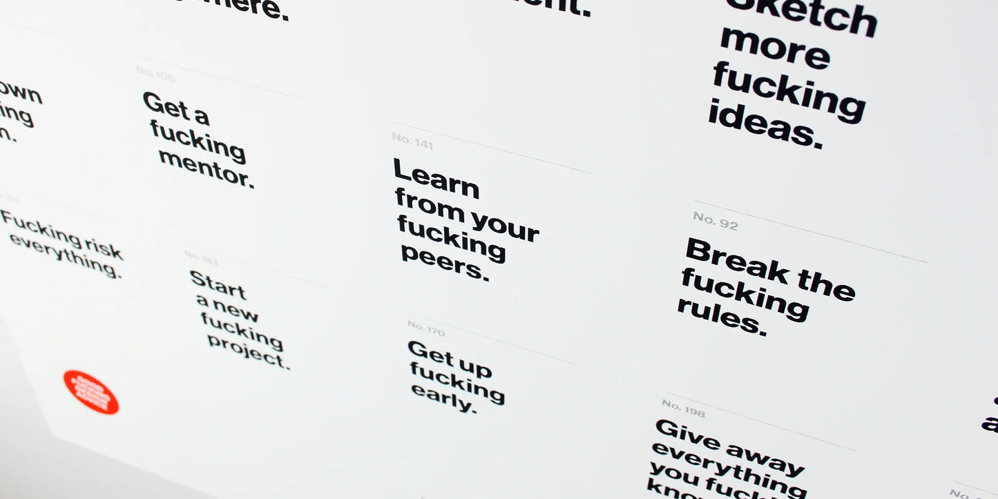 poster is white paper with black text with modular boxes of text advice all with rude words, showing a close up of the middle of poster