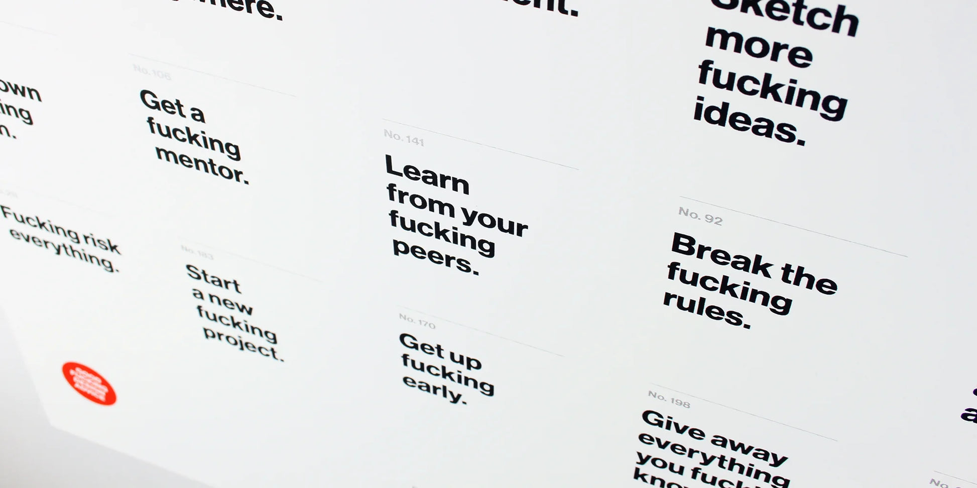 poster is white paper with black text with modular boxes of text advice all with rude words, showing a close up of the middle of poster