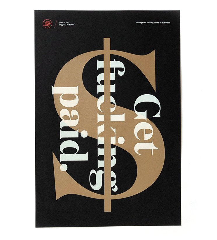 gfda poster black background with a gold dollar sign and the text get fucking paid in white written over the top