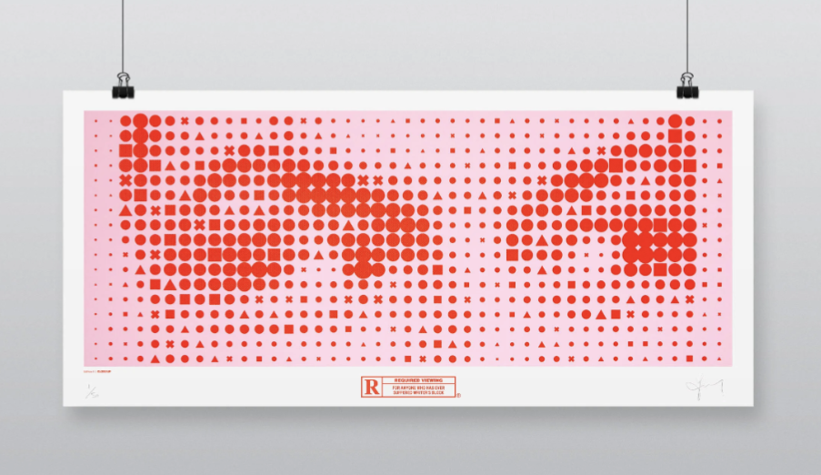 Poster with red and white pattern of the eyes from the shining on a grey background