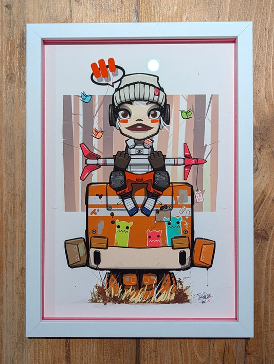 anime character sat on an orange robot holding a rocket, the character is wearing a grey wool hat and has red makeup, picture is at an angle showing the colour slips, on a wood table