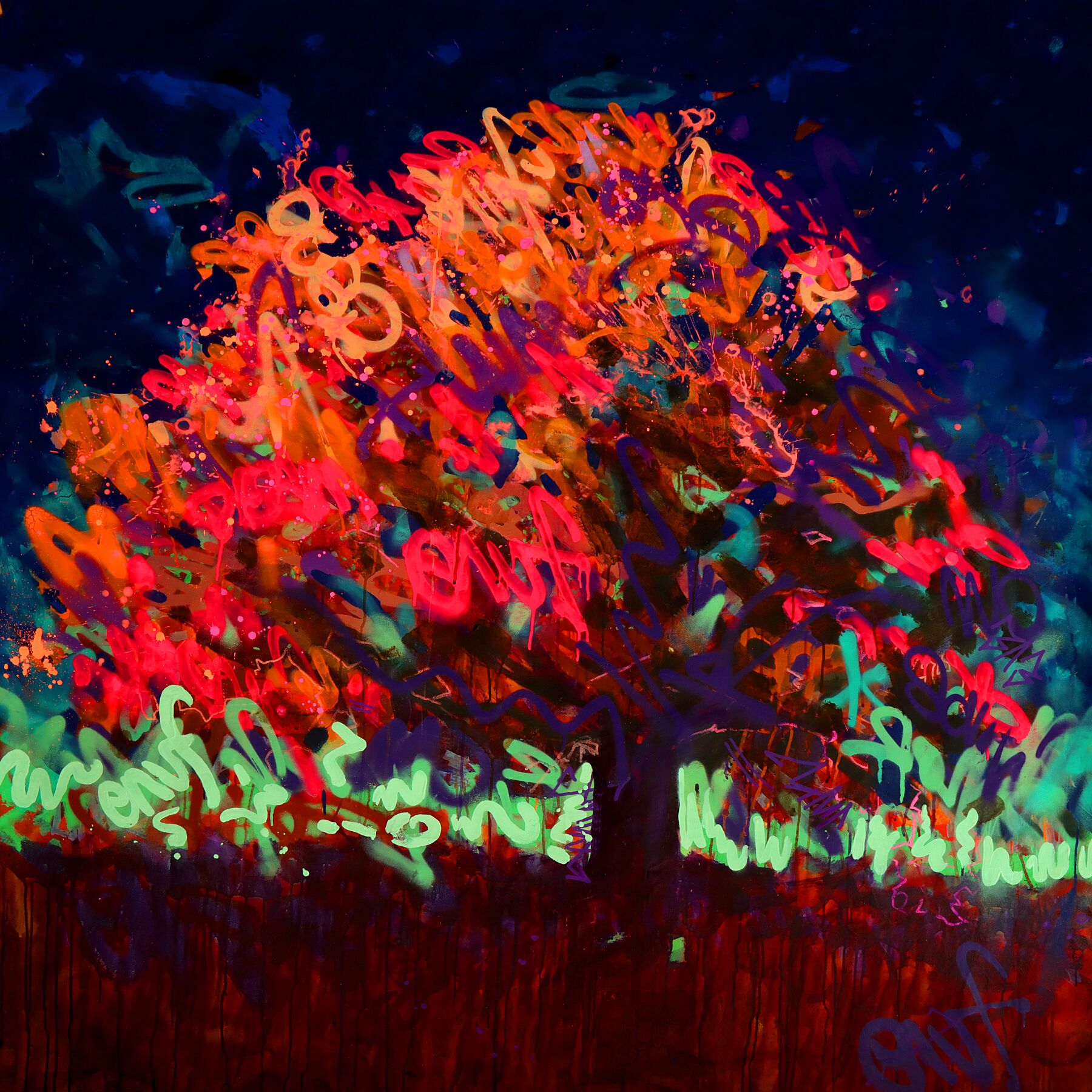 Colorful abstract painting with vibrant orange, red, green, and blue hues on a dark background.