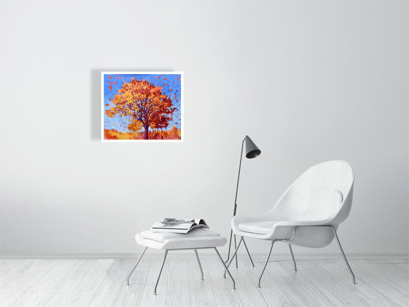Modern living room with a white chair, ottoman, and lamp, featuring a colorful abstract painting of a tree on the wall.