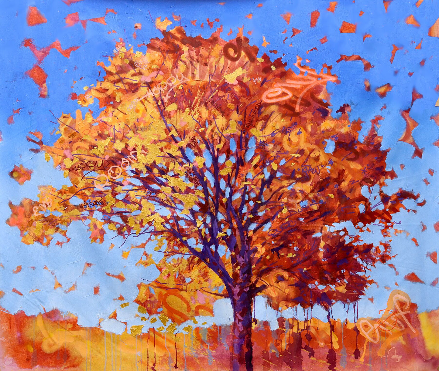 Autumn tree artwork with falling leaves against a blue sky