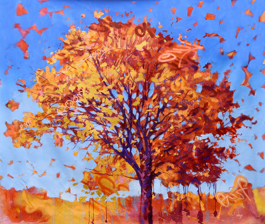 Autumn tree artwork with falling leaves against a blue sky