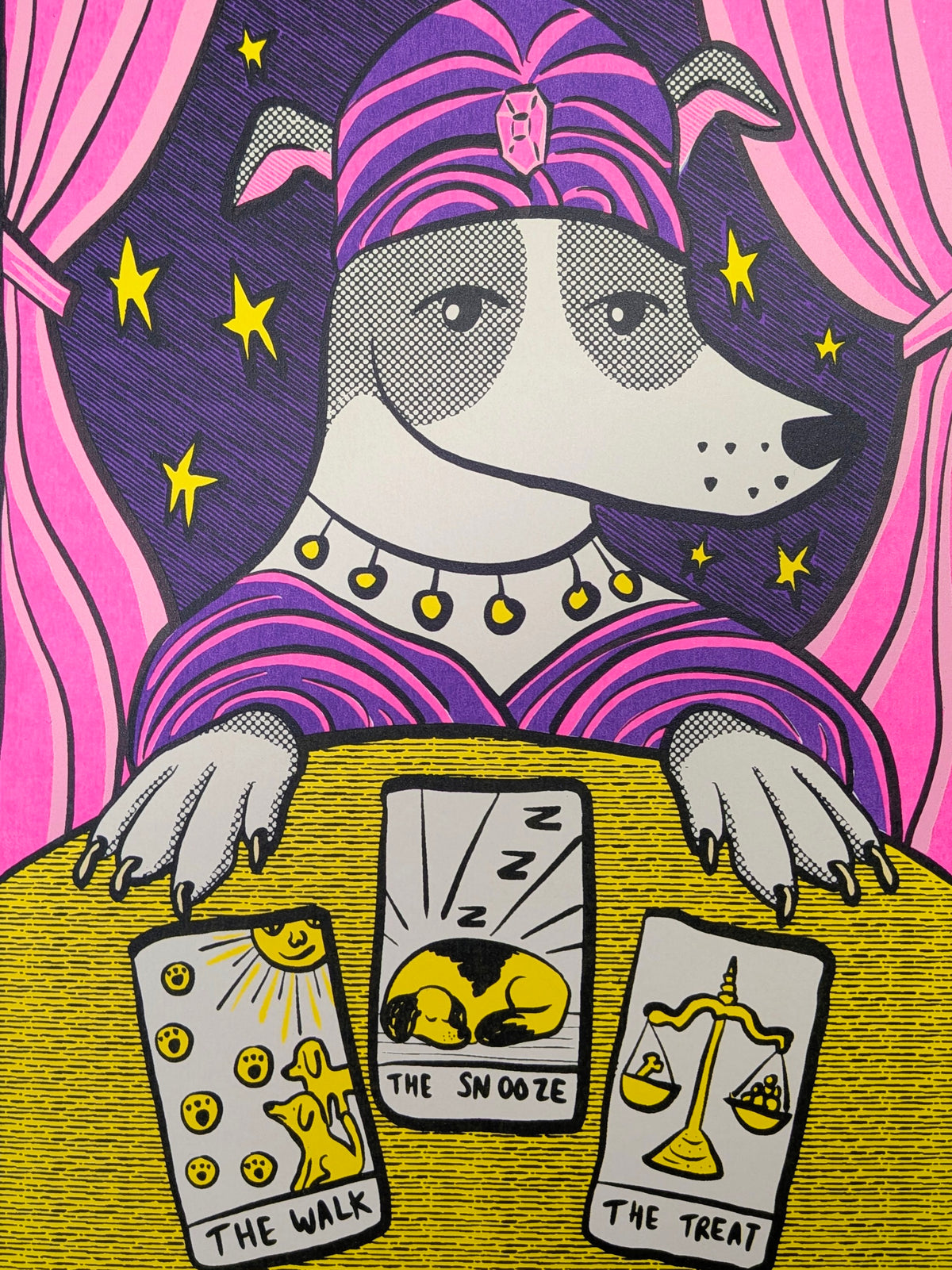 A stylized tarot card illustration featuring a dog dressed as a wizard behind a table with three cards: 'The Walk', 'The Snooze', and 'The Treat'. The artwork uses bold pink, purple, yellow, black, and white tones with halftone dot patterns.