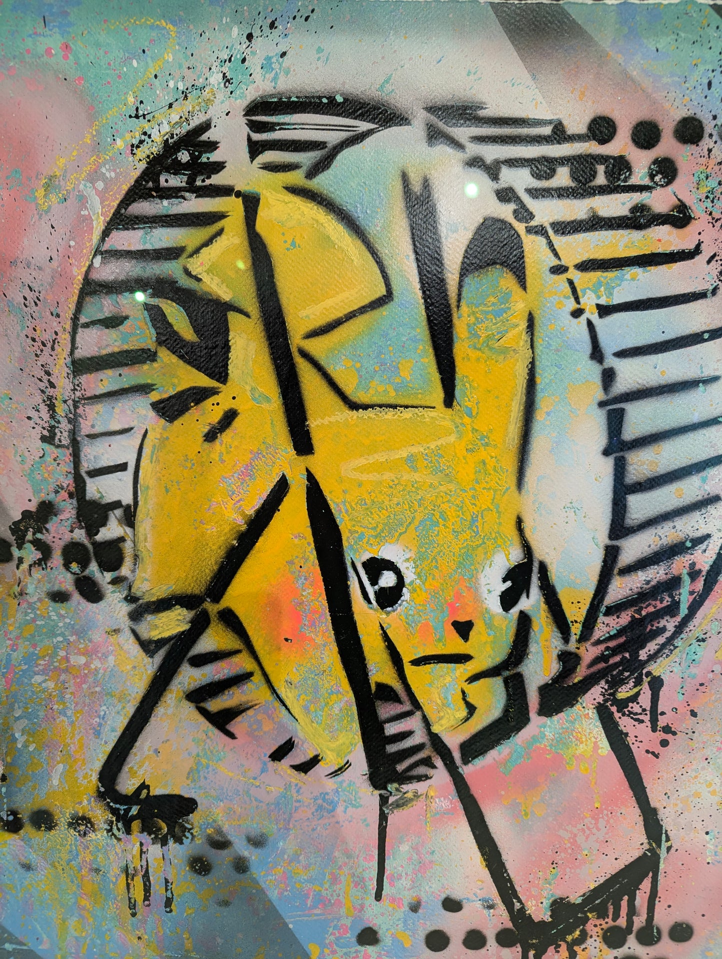Abstract artwork with a yellow and black pikachu figure on a multicolored background