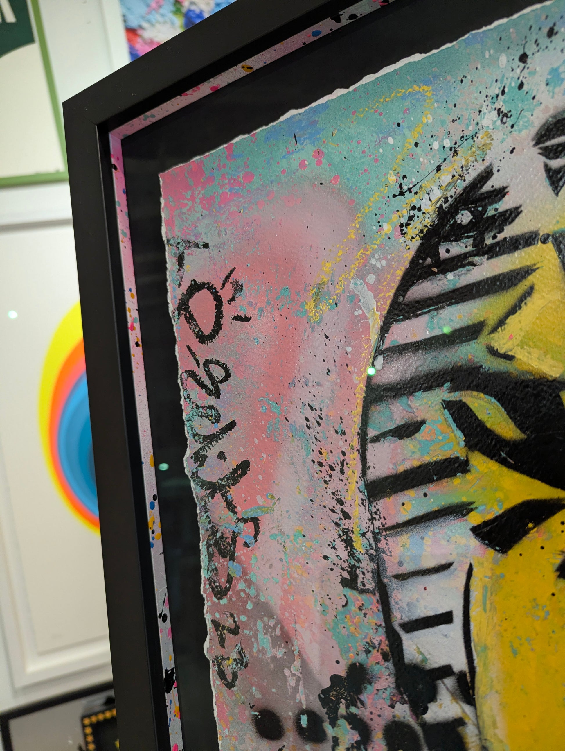 Framed abstract artwork with splashes of color and text