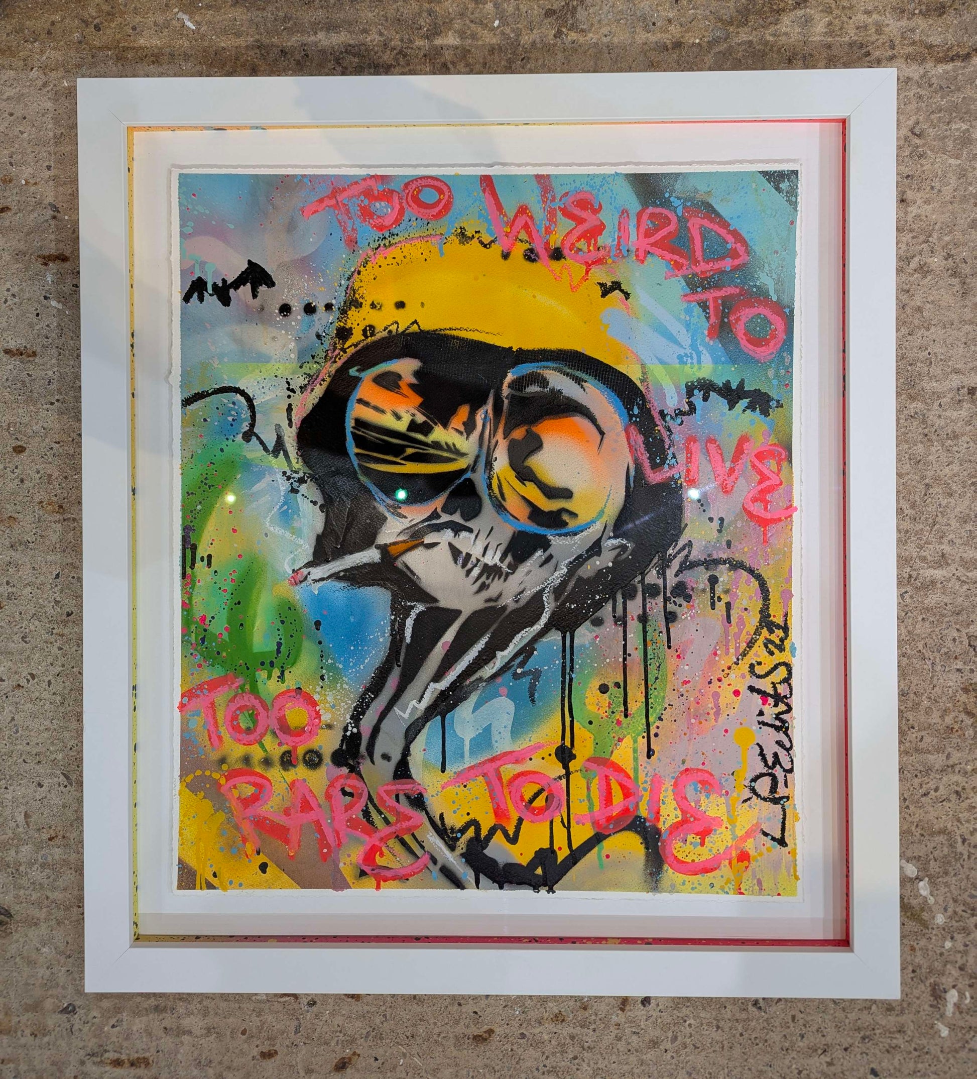 Lp edits fear and loathing film remixed in LP edits style lots of paint splatter with yellow green and blue graffiti fades in a white frame with colour coordinated slips