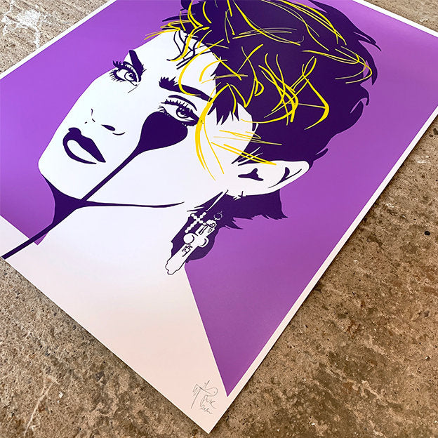 pure evil artwork, madonna portrait of lucky star on a purple back ground, artwork has tear drop coming from eye, hair has yellow highlights, picture is taken from angle showing a close up, artwork is concrete floor