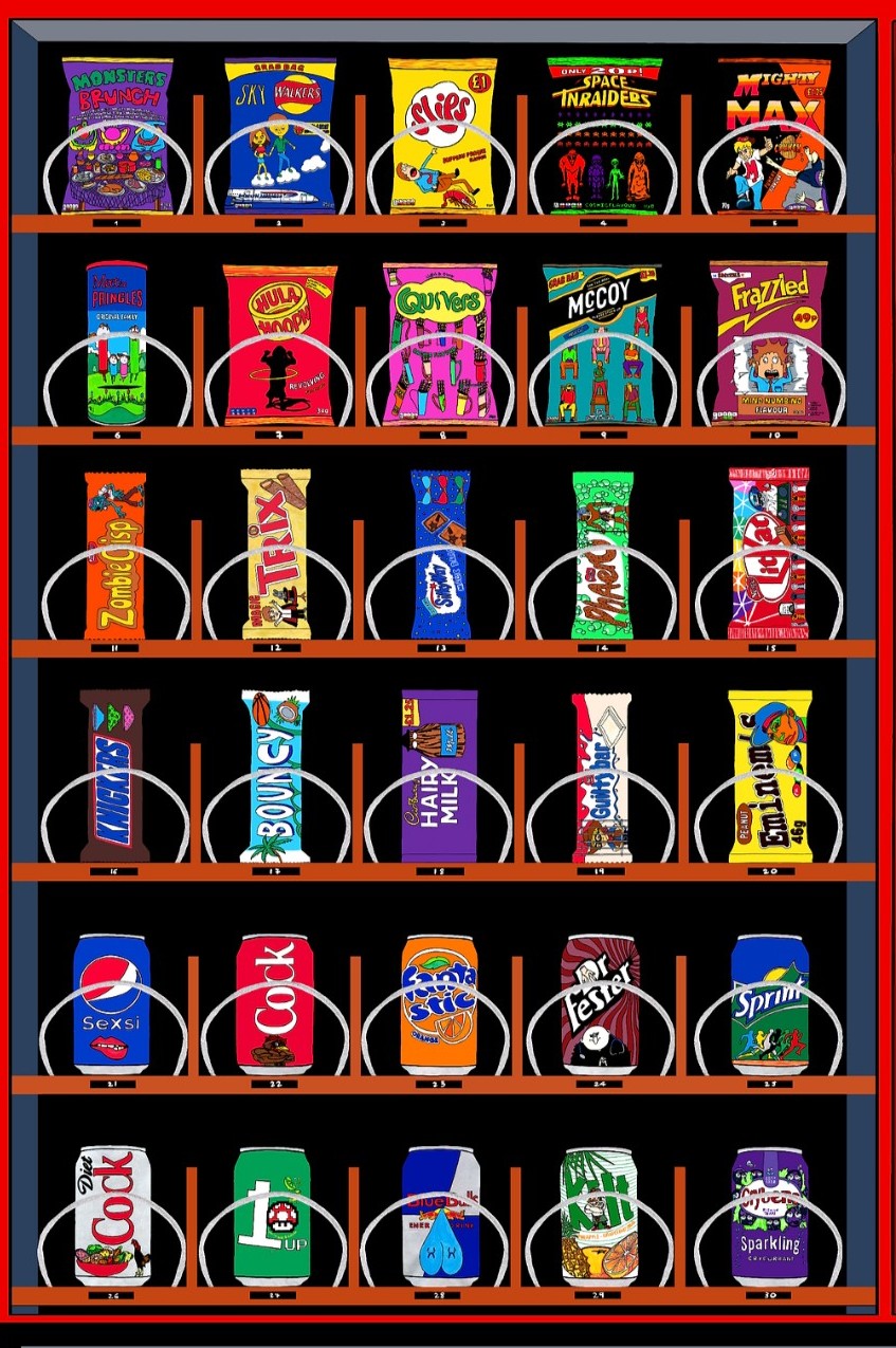 A retro-style vending machine display graphic featuring rows of colorful snack bags and canned drinks on orange shelves against a black background, with a red outer border.