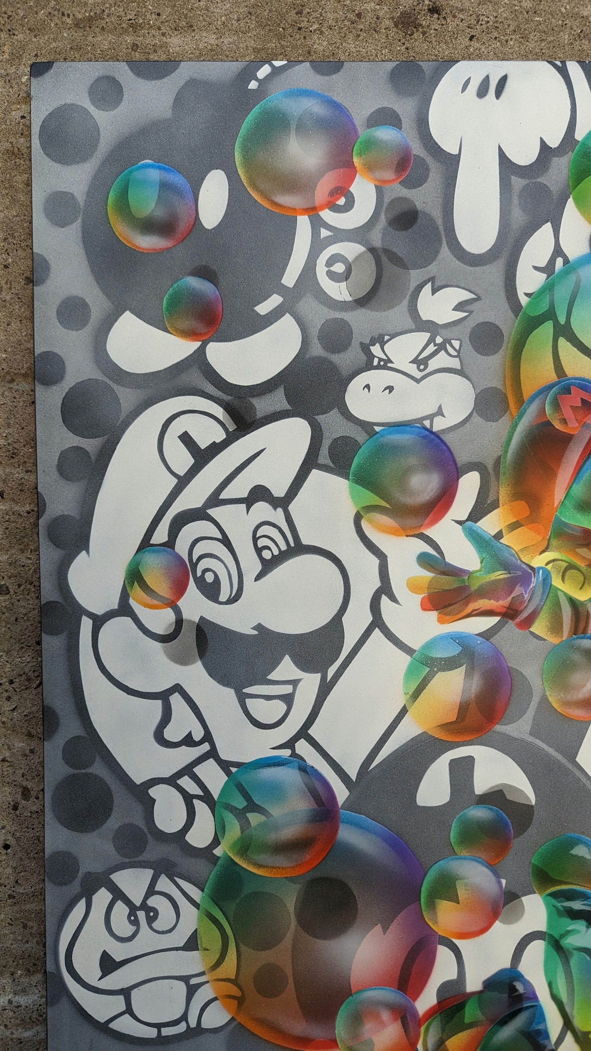 close up of nme super mario character luigi on concrete background