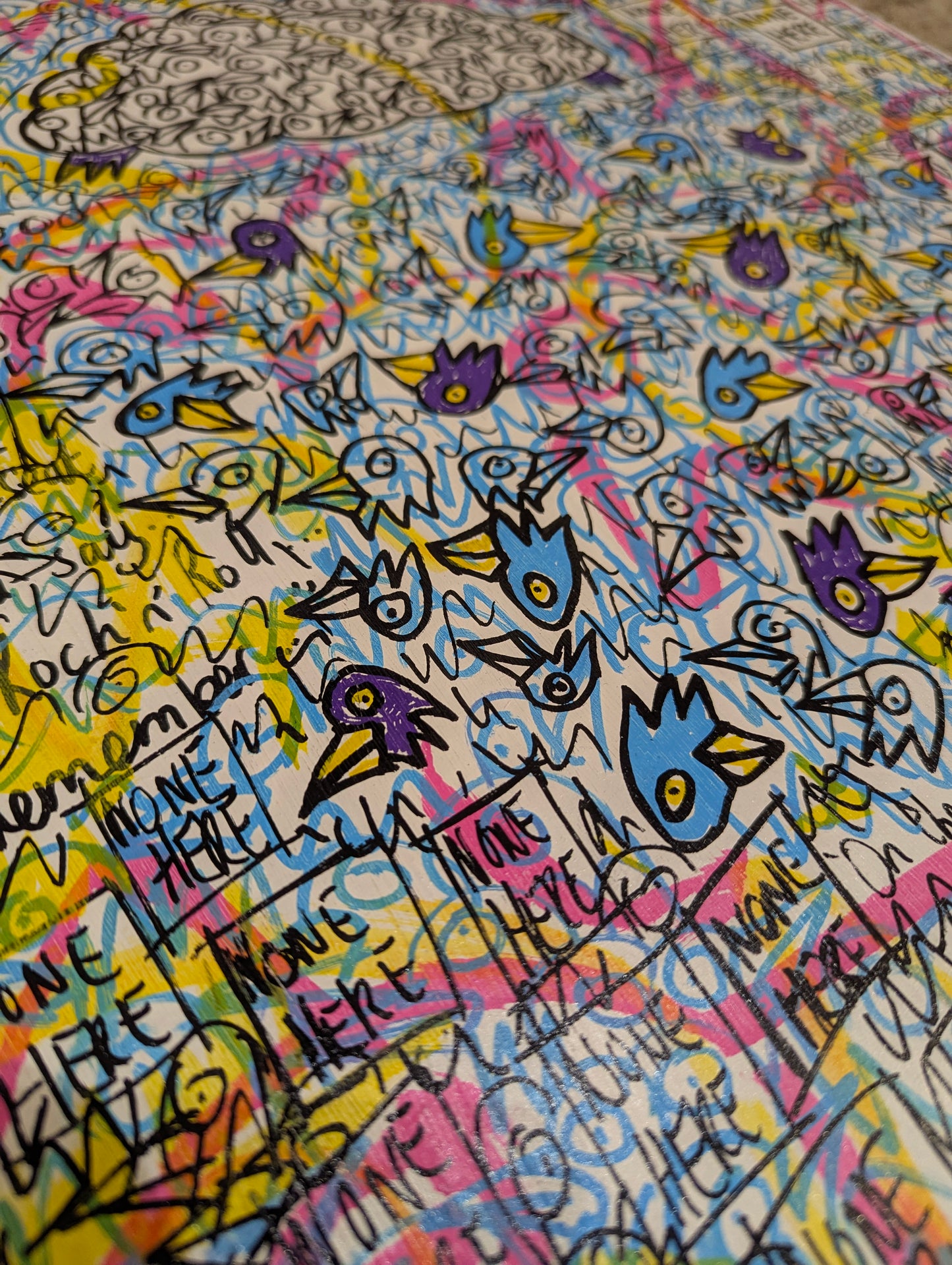 Colorful abstract artwork with various shapes and text on a textured surface.