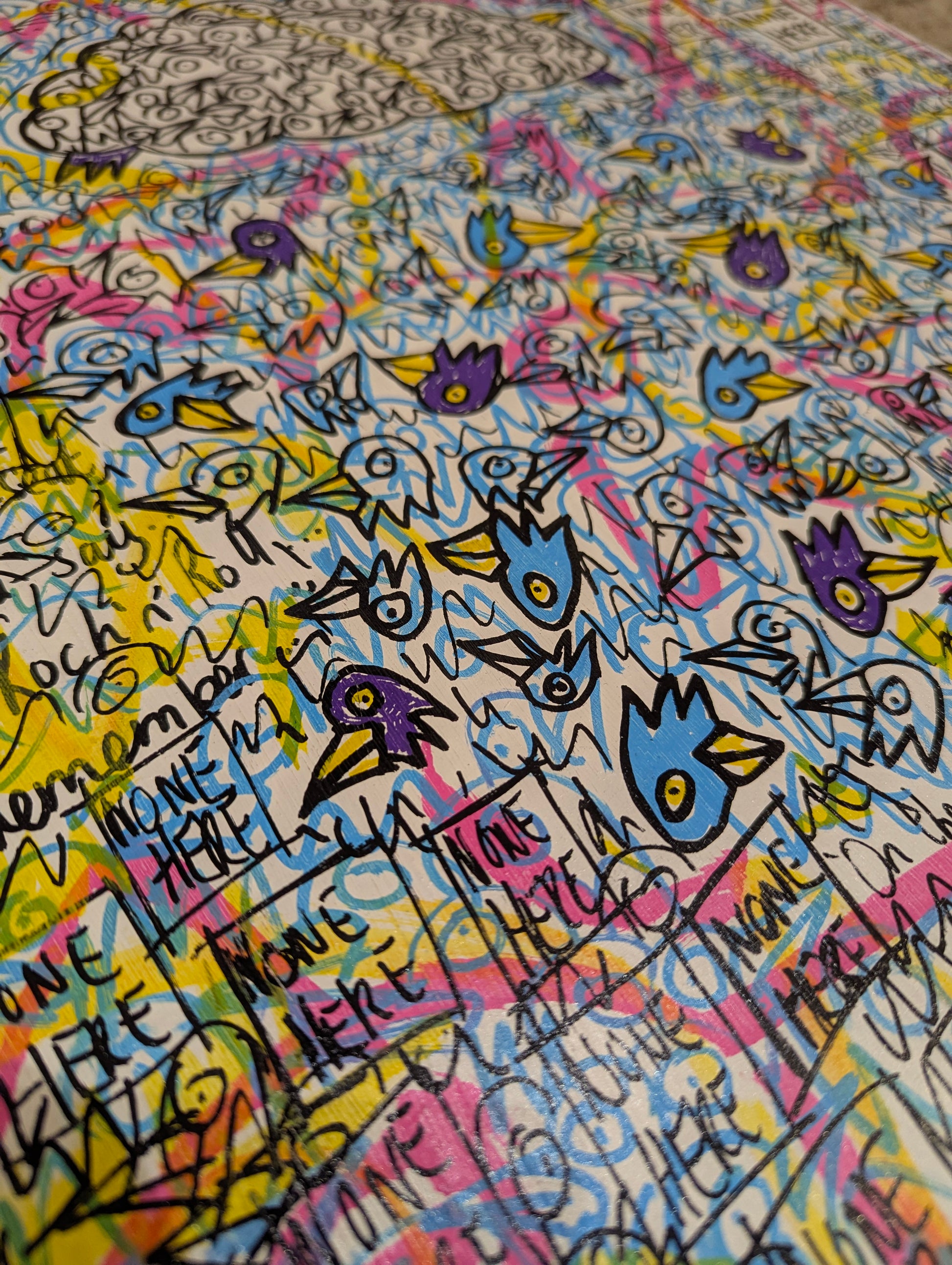 Colorful abstract artwork with various shapes and text on a textured surface.