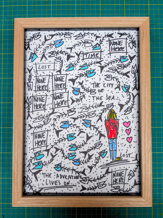 Framed artwork with abstract designs and text on a grid background