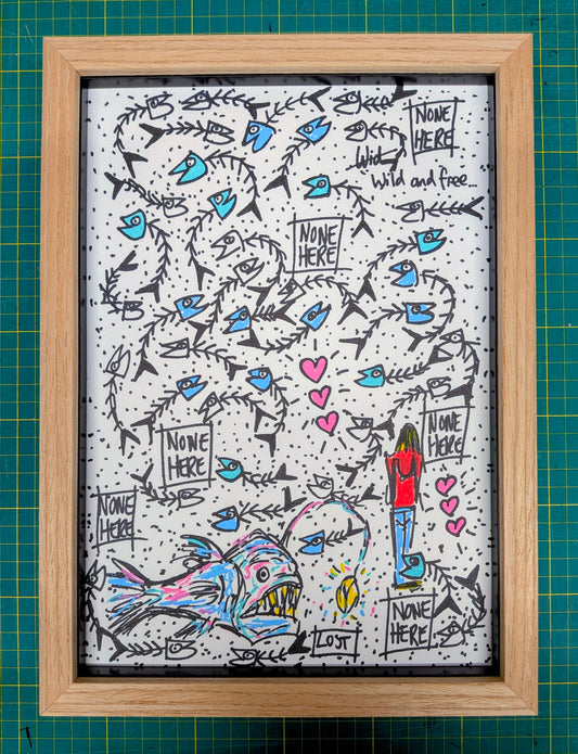 Framed doodle artwork with abstract designs and text on a grid background