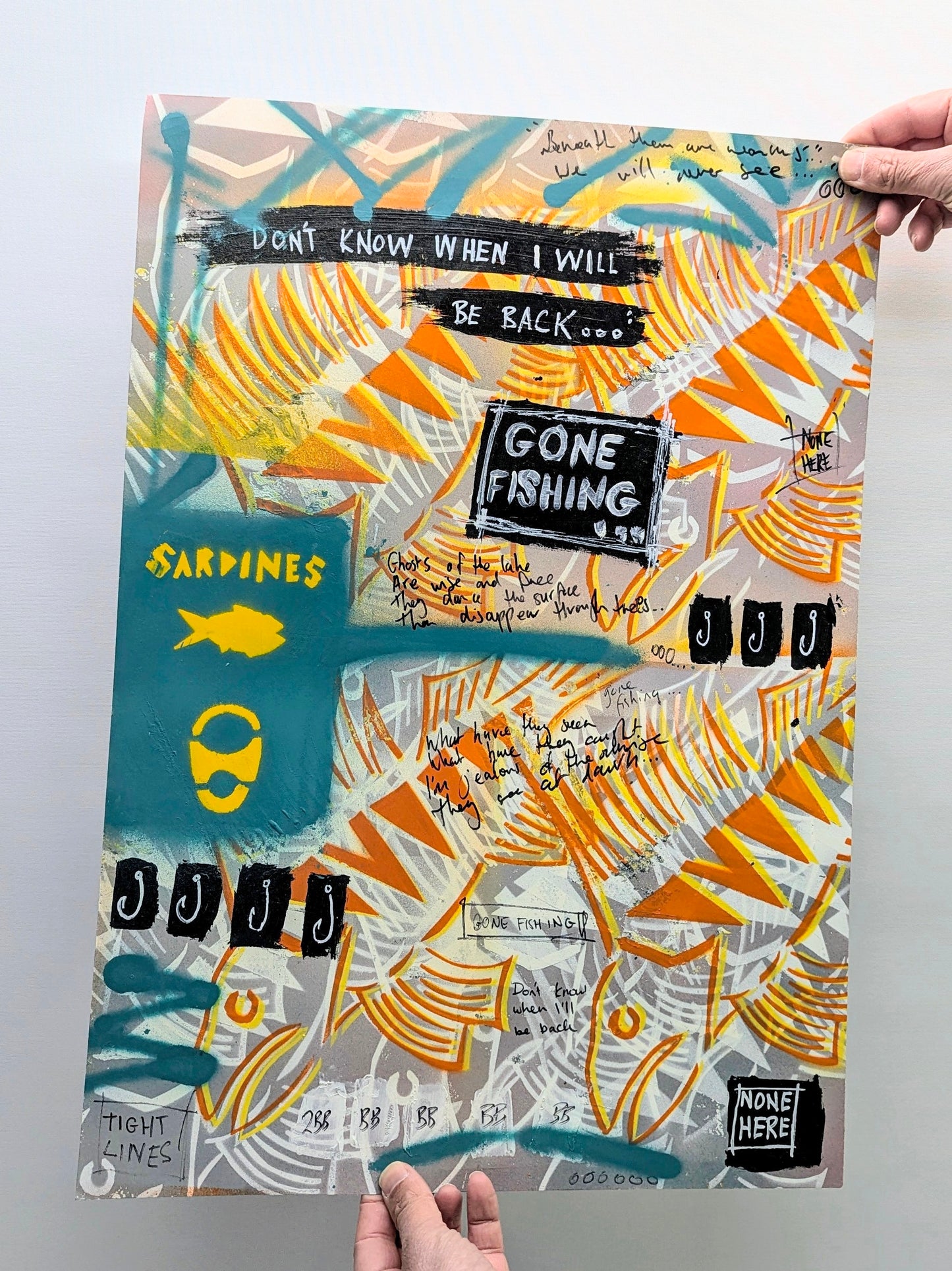 steve mccracken original artwork on paper, artwork has orange and teal random scales , text states gone fishing and don't know when I will be back, background is white