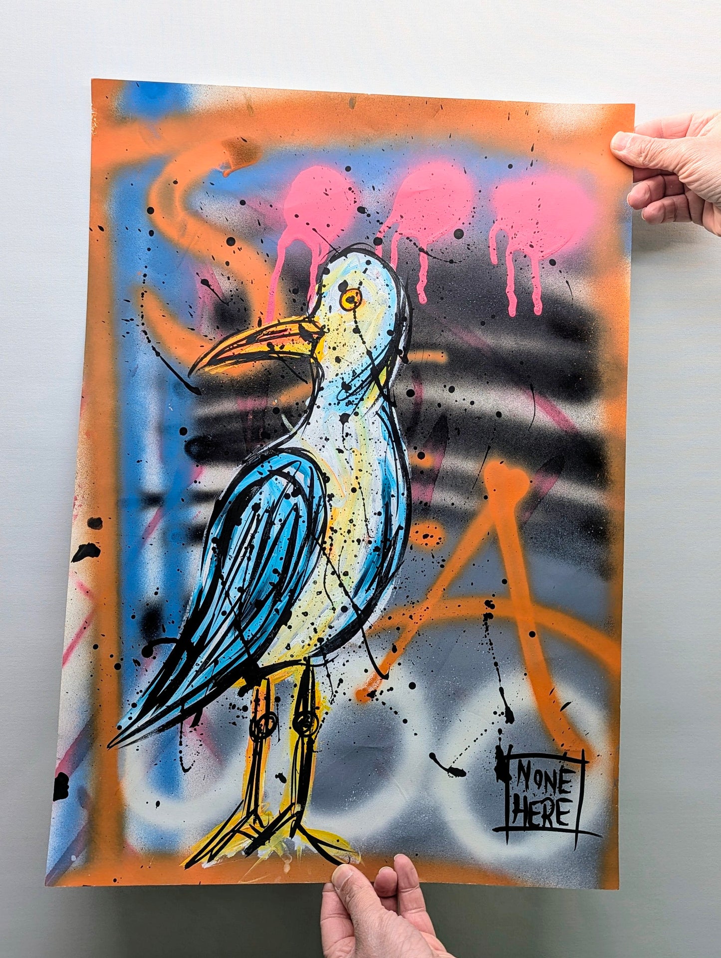 steve mccracken bird called Sid, sid is against a orange and blue graffiti background.