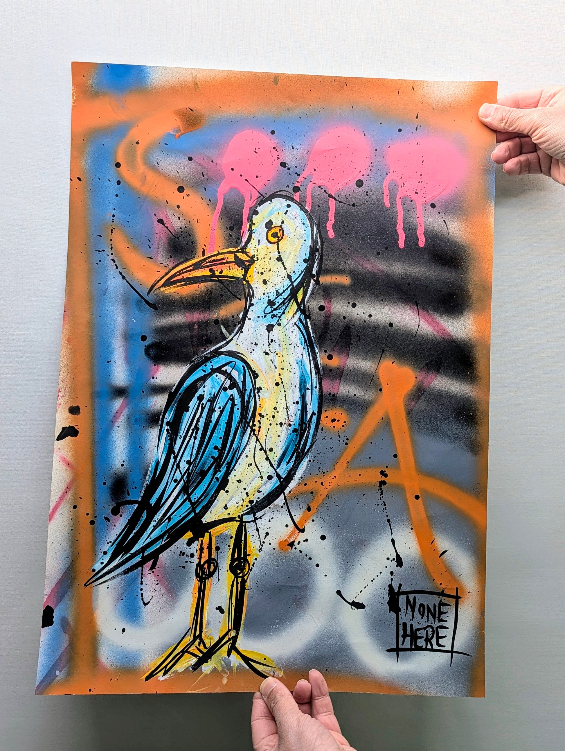 steve mccracken bird called Sid, sid is against a orange and blue graffiti background.