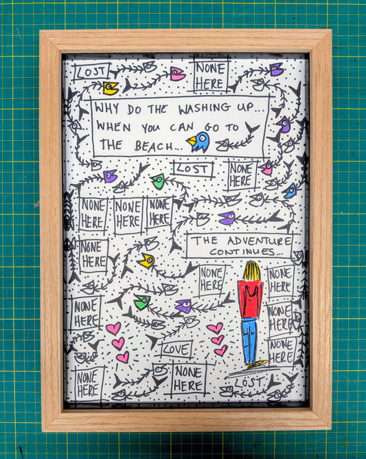 Framed doodle artwork with text and illustrations on a grid background