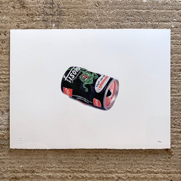 trash prints coke can with wimpy logo and ghostbusters slimer on the can on white paper, background is a concrete wall.