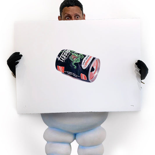 A person with cartoon legs holding a white card with a ghostbuster image of a drinks can on it, covering their face.