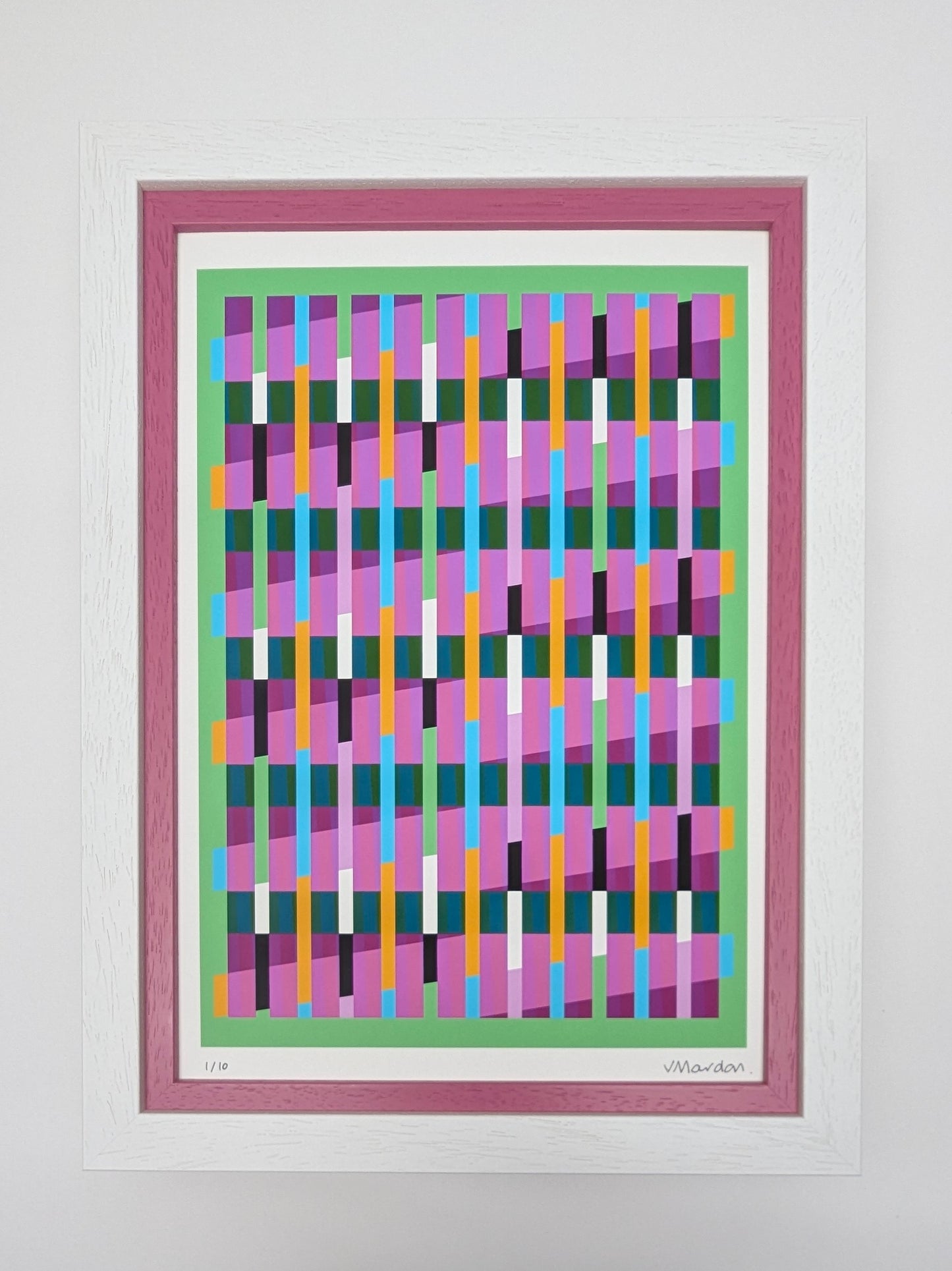 Framed abstract artwork with geometric pattern on a white background